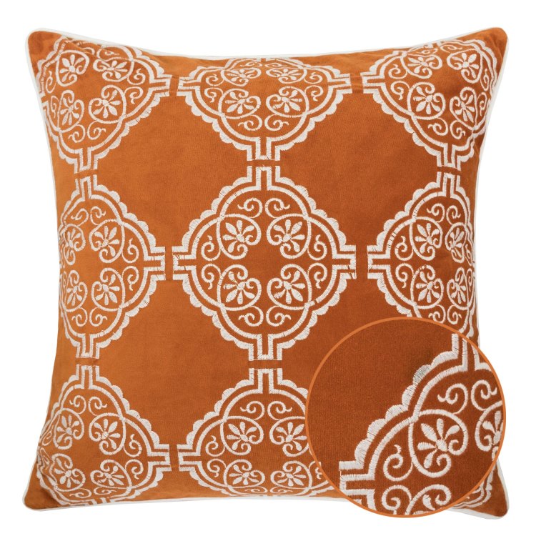 Burnt Orange Damask Embroidered Throw Pillow Boho Geometric Cushion