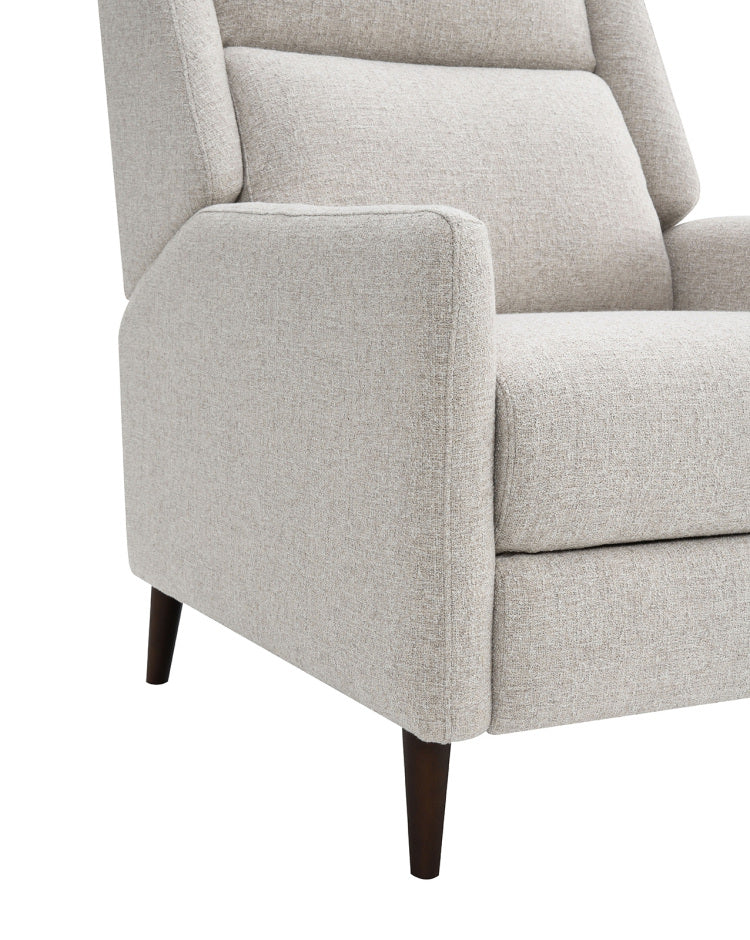 Mid Century Modern Pushback Manual Recliner Tapered Legs Linen Textured Fabric High Back Subtle Channel Detail Beige Finish Primary Living Room