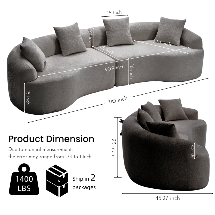 Curved Boneless Sofa,Compression Modular 110'' Sectional,White High Density,Couches Sleeper For Living Room Bedroom Apartment Lounge,Chenille