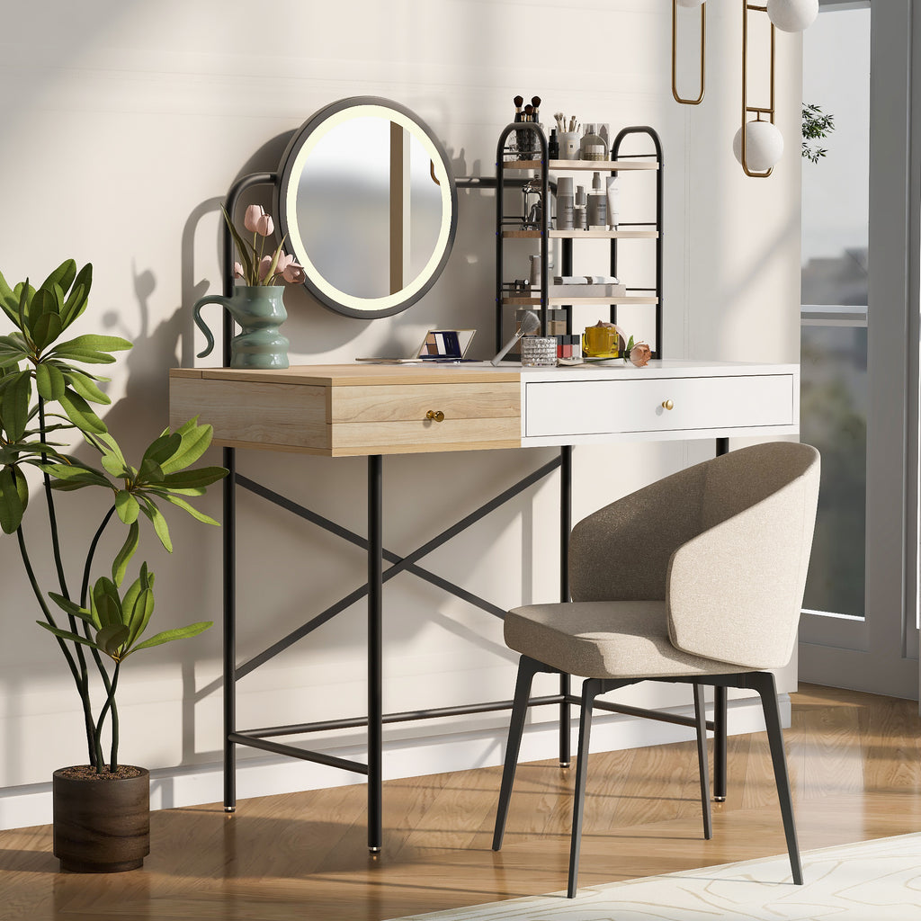 40" Makeup Vanity Desk With 3 Mode Lighted Mirror & Wireless Charging Station , Vanity Table With Drawer & 3 Open Shelves For Ample Storage Space, Dressing Table For Bedroom, White