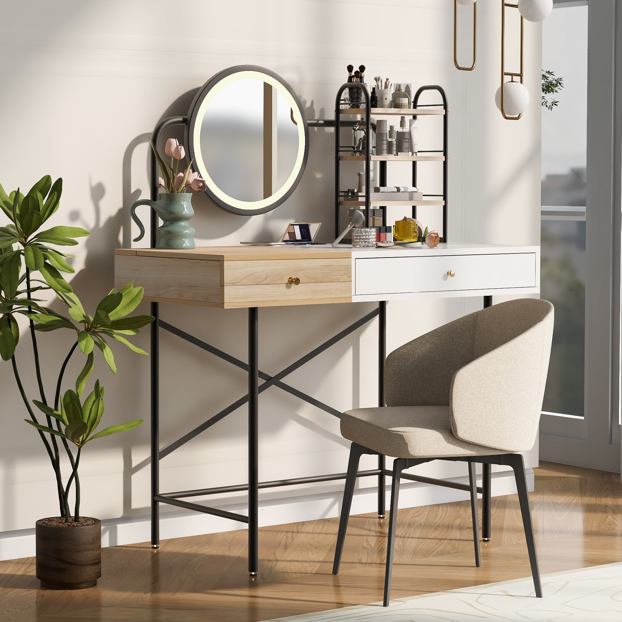 40" Makeup Vanity Desk With 3 Mode Lighted Mirror & Wireless Charging Station , Vanity Table With Drawer & 3 Open Shelves For Ample Storage Space, Dressing Table For Bedroom, White