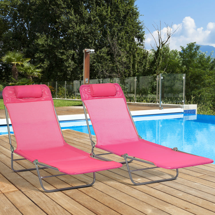 Outsunny 2 Piece Folding Chaise Lounge Chairs, Pool Sun Tanning Chairs, Outdoor Lounge Chairs With 6 Position Reclining Back, Mesh Seat, Headrest For Beach, Yard, Patio, Pink