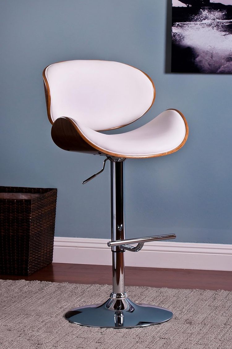 Modern Contemporary Swivel Walnut Bentwood Lift Adjustable Height Bar Stool With Curved Seat And Back White