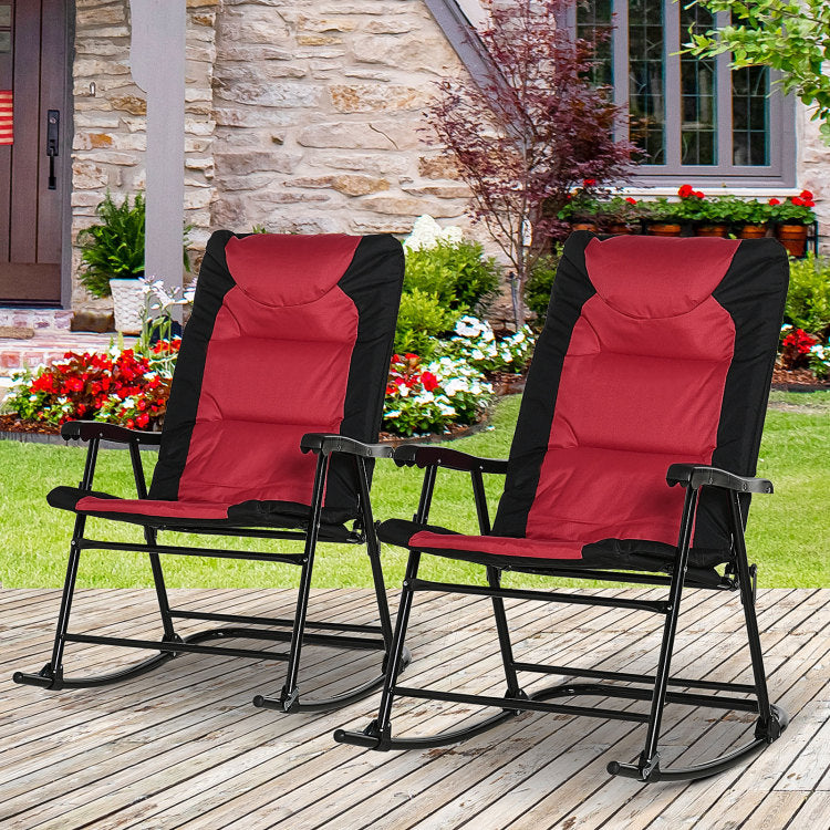 Outsunny 2 Piece Outdoor Patio Furniture Set With 2 Folding Padded Rocking Chairs, Bistro Style For Porch, Camping, Balcony, Red