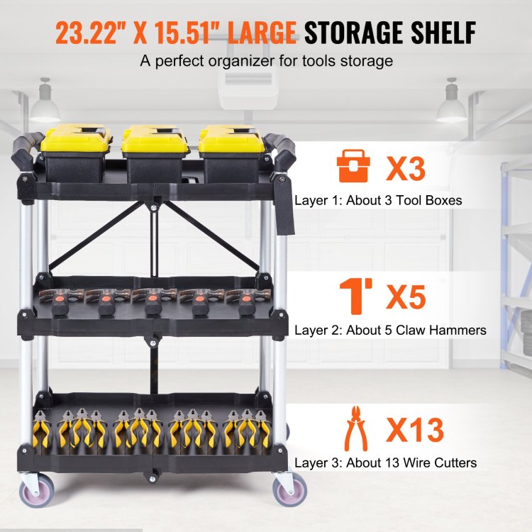 Foldable Utility Service Cart, 3 Shelf 165Lbs Heavy Duty Plastic Rolling Cart With Lockable Wheels, Ergonomic Handle, Portable Garage Tool Cart For Warehouse Office Home 25.62"X15.43"X32.76"