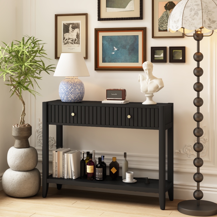 Console Table With Drawers, Narrow Wood Accent Sofa Table Entryway Table With Storage Shelf For Entryway, Front Hall, Hallway, Living Room, Black