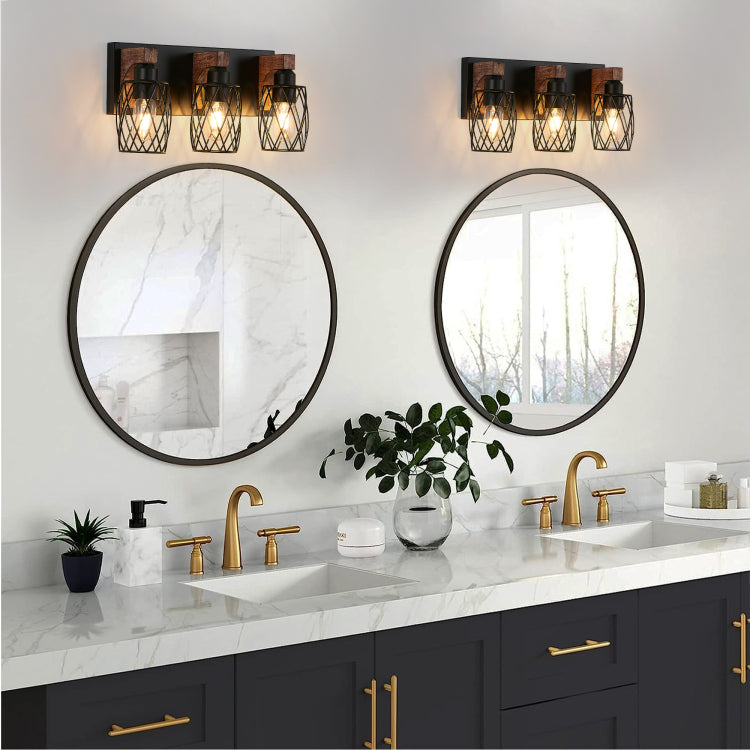 18" Industrial Vintage 3 Light Wall Sconce Black Cage Wall Lighting Fixture With Wooden Accents For Bathroom, Hallway, Or Living Room Bulb Not Included