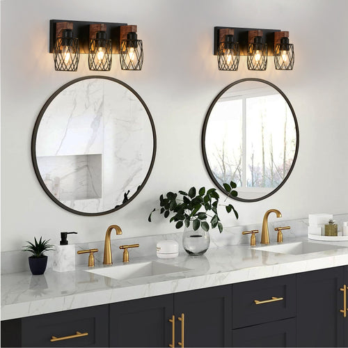 18" Industrial Vintage 3 Light Wall Sconce Black Cage Wall Lighting Fixture With Wooden Accents For Bathroom, Hallway, Or Living Room Bulb Not Included