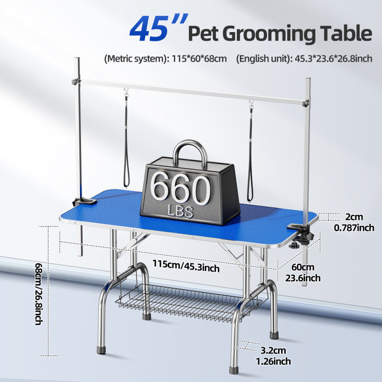Large Grooming Table For Pet Dog And Cat With Adjustable Arm And Clamps Large Heavy Duty Animal Grooming Table, 46'' Blue