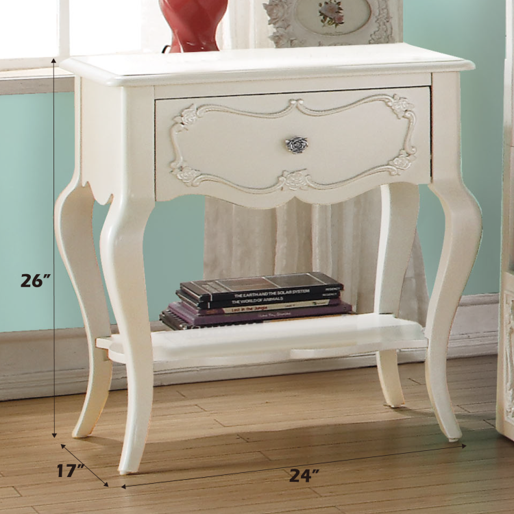 Traditional Pearl White Finish Formal Nightstand With Drawer And Shelf Wooden Youth Bedroom Furniture 1Pc