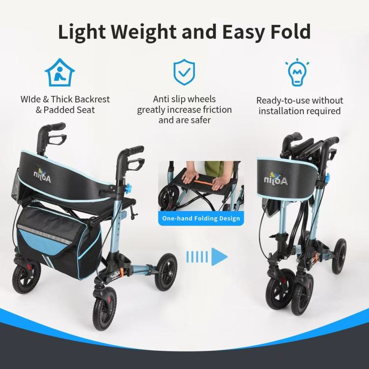 Rollator Walker For Seniors, Lightweight Foldable All Terrain Rolling Walker With Seat, Aluminum Walkers With 8 Inch Rubber Wheels, Handles And Backrest For Seniors And Adult Blue