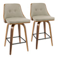 26" Mid Century Modern Counter Stool In Walnut With Light Grey Faux Leather Set Of 2