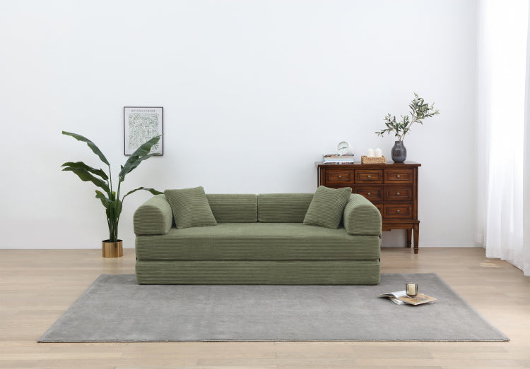 Convertible Sleeper Sofa Bed With Cylindrical Pillow Corduroy Folding Mattress Couch With Fixed Shape Frame For Living Room, Bedroom, Lounge, Studio Light Green