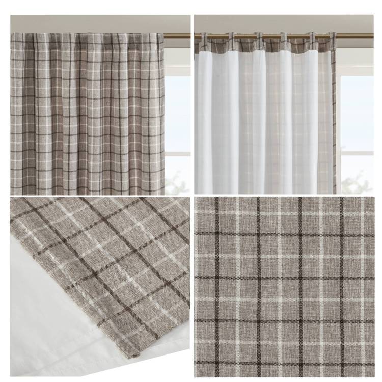1 Piece 50X63" Plaid Rod Pocket And Back Tab Curtain Panel With Fleece Lining,Brown