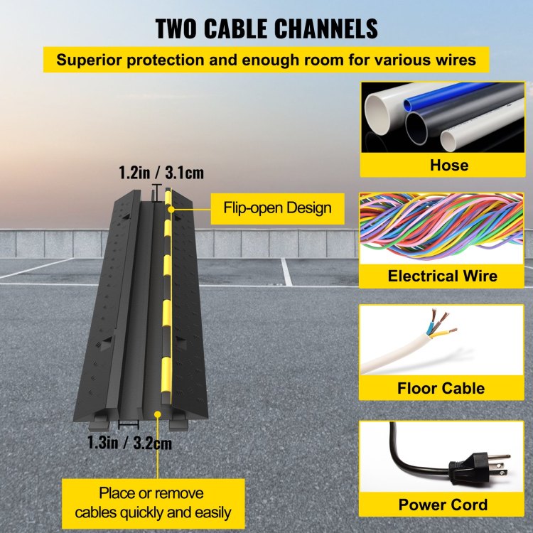 Cable Protector Ramp, 4 Packs 2 Channels Speed Bump Hump, Rubber Modular Speed Bump Rated 11000 Lbs Load Capacity, Protective Wire Cord Ramp Driveway Rubber Traffic Speed Bumps Cable Protector
