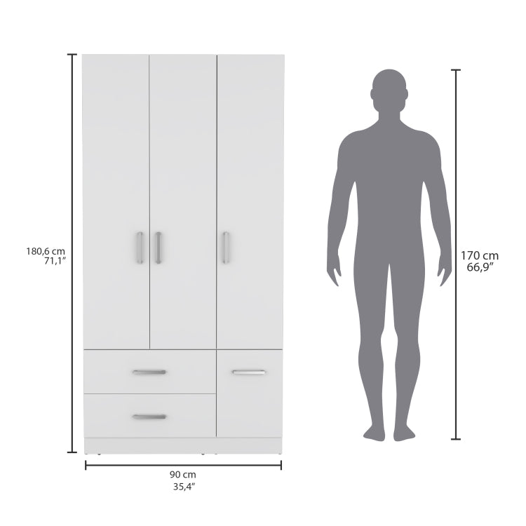 Sebree 71" High Armoire Wardrove Closet With 2 Drawers, Four Doors , Three Cabinet , Six Shelves And Hanging Rod, Bedroom Clothes Storage Cabinet Organizer White