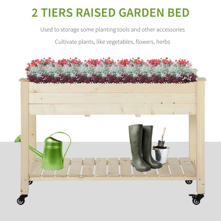 Outsunny Raised Garden Bed, 47" X 22" X 33", Elevated Wooden Planter Box W Lockable Wheels, Storage Shelf, And Bed Liner For Backyard, Patio, Natural
