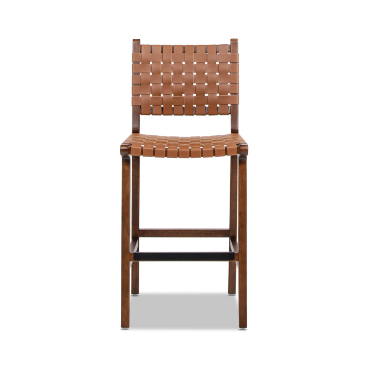 Andre 26" Woven Leather Counter Stool With Back, Pecan Brown Faux Leather