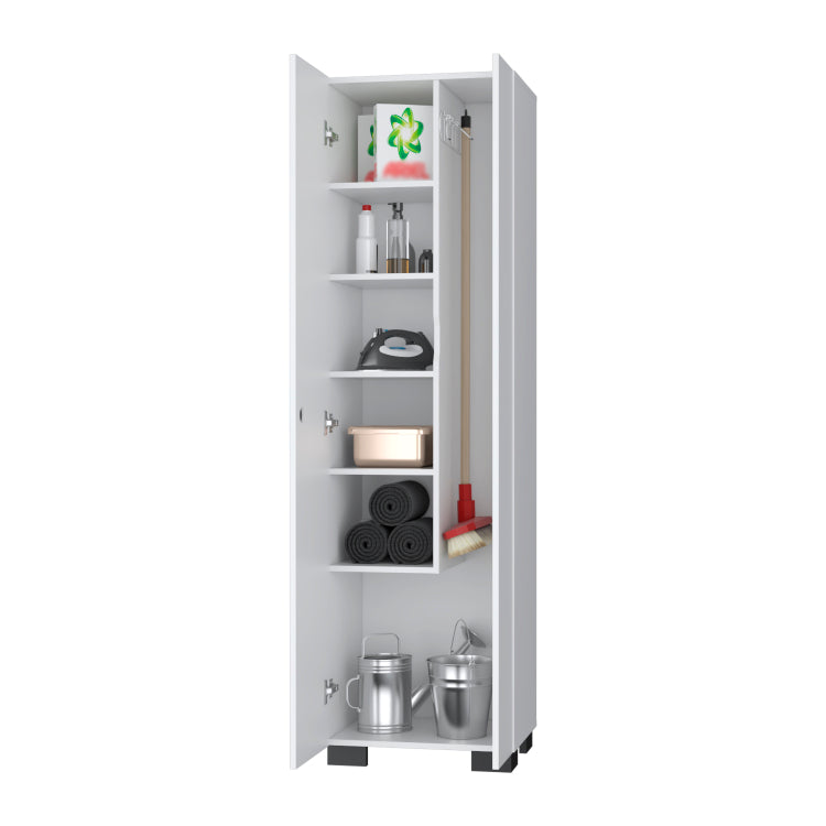 Aiken Broom Cabinet With Storage Shelves And Broom Hangers, White