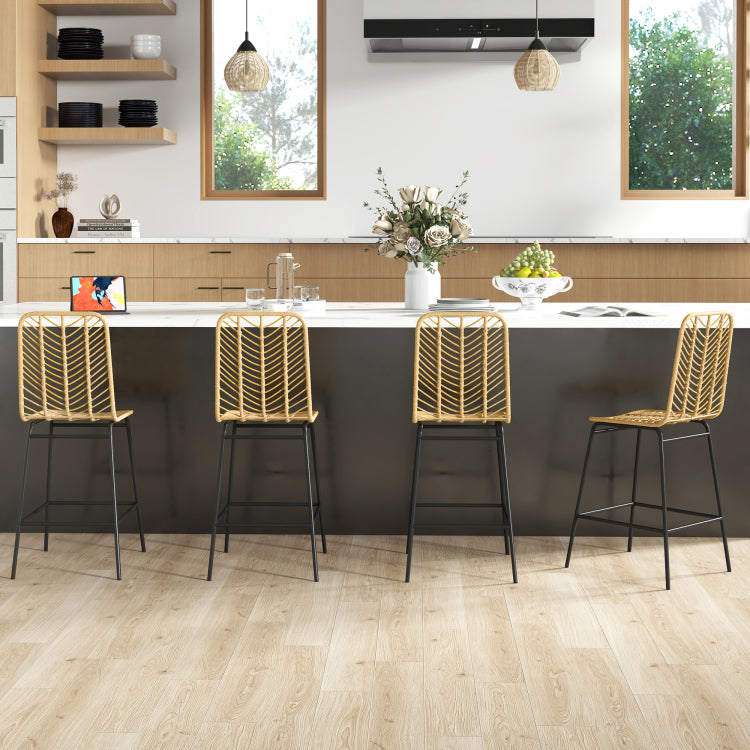 Homcom Rattan Bar Stools Set Of 4, 26" Counter Height Barstools, Boho Kitchen Island Stools With Wicker Seat And Back, Yellow