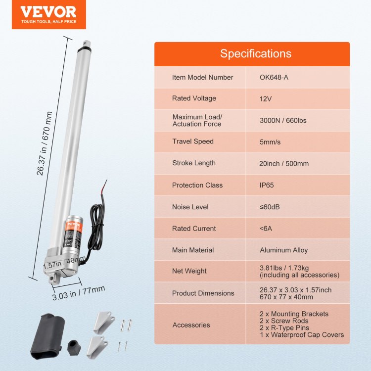 Linear Actuator 12V, 20 Inch Waterproof Ip65 Linear Actuator, 660Lbs 3000N 0.19" S Linear Motion Actuator With Mounting Bracket