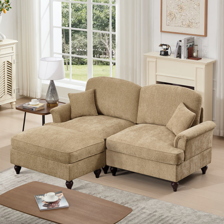Elegant Mid Century Large Two Seater Modular L Shaped Sofa Couch With Flared Arms And Removable Ruffles Pleats Skirts And Spindle Legs, Comfy Chenille Loveseat Sofa With Movable Ottoman,Light Coffee