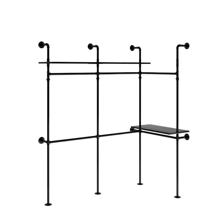 Industrial Pipe Clothing Rack, Reversible 118.3'' Clothes Rack For Hanging Clothes, Heavy Duty Garment Rack Closet Wardrobe Rack With Led Lights & Shelves, Walk In Closet System, Black Three