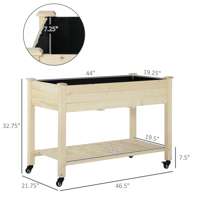 Outsunny Raised Garden Bed, 47" X 22" X 33", Elevated Wooden Planter Box W Lockable Wheels, Storage Shelf, And Bed Liner For Backyard, Patio, Natural
