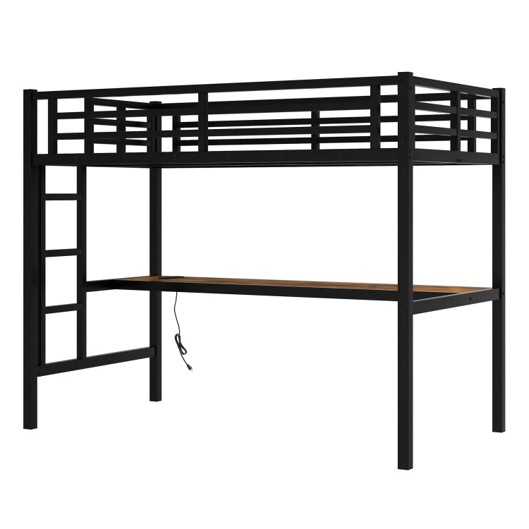 Metal Twin Xl Size Loft Bed With Power Outlet And Led Lighted, Space Saving, Noise Reduced, Black