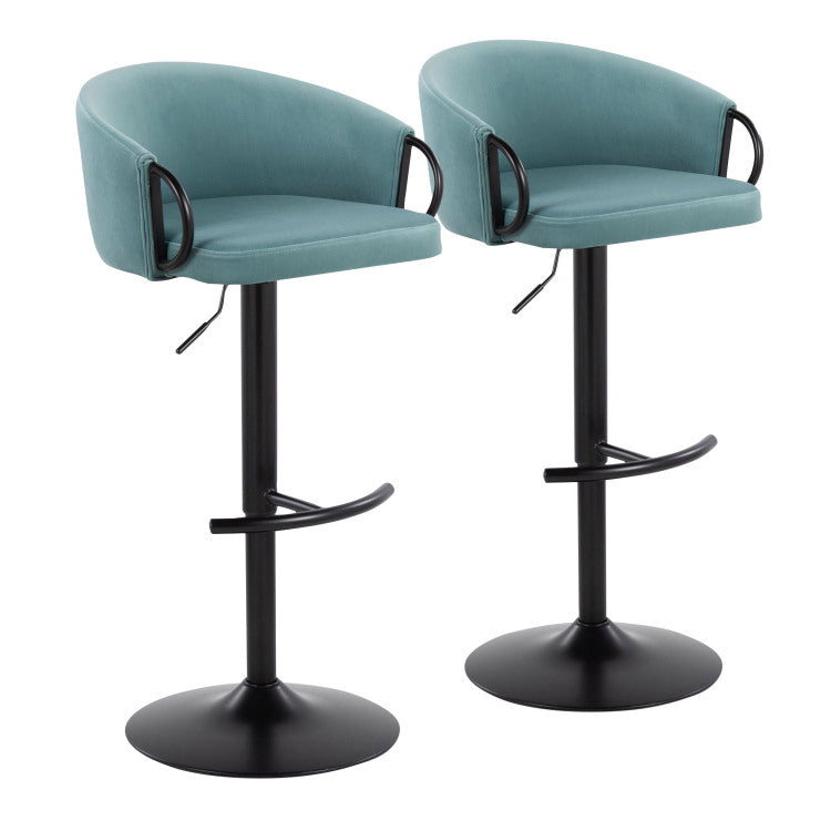 Contemporary Adjustable Barstool With Swivel In Black Metal And Light Blue Velvet With Rounded T Footrest Set Of 2