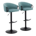 Contemporary Adjustable Barstool With Swivel In Black Metal And Light Blue Velvet With Rounded T Footrest Set Of 2