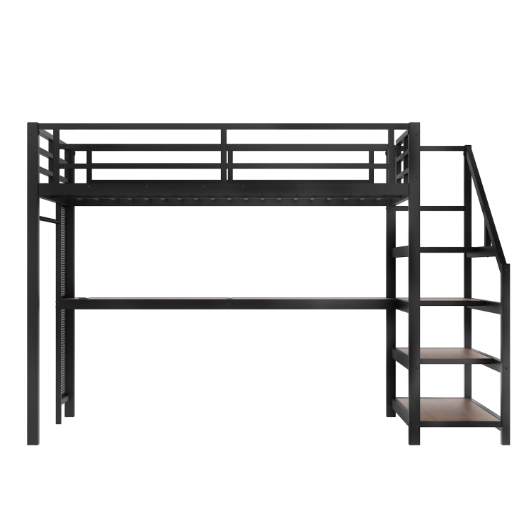 Full Loft Bed With Desk And Storage Stairs, Metal Loft Beds With Led Lights, Usb Ports, Multifunctional Iron Nets, No Spring Box Needed And Noise Free, Black