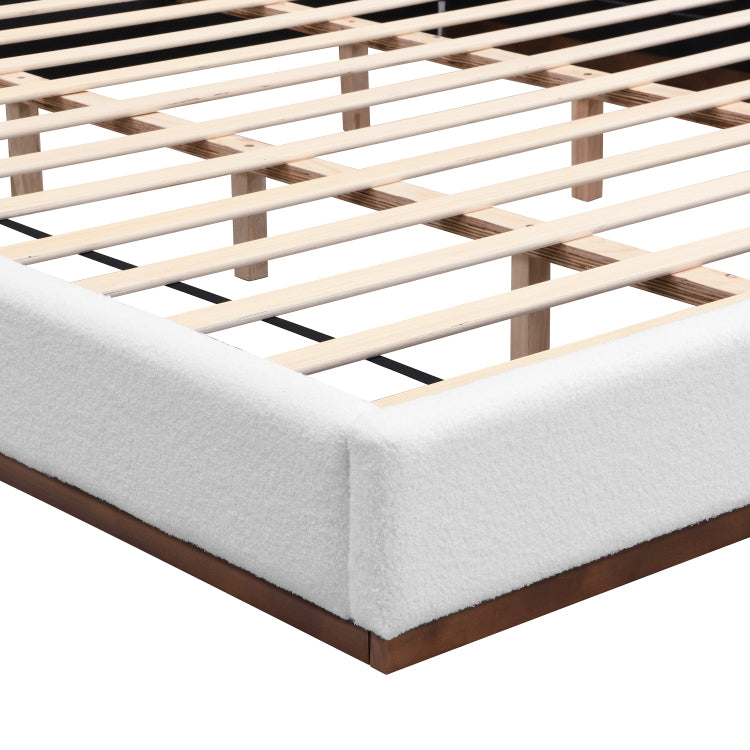 Elegant White Fabric Upholstered Bed With Nice Wood Grain Textured Brown Solid Wood Base Frame,White,King