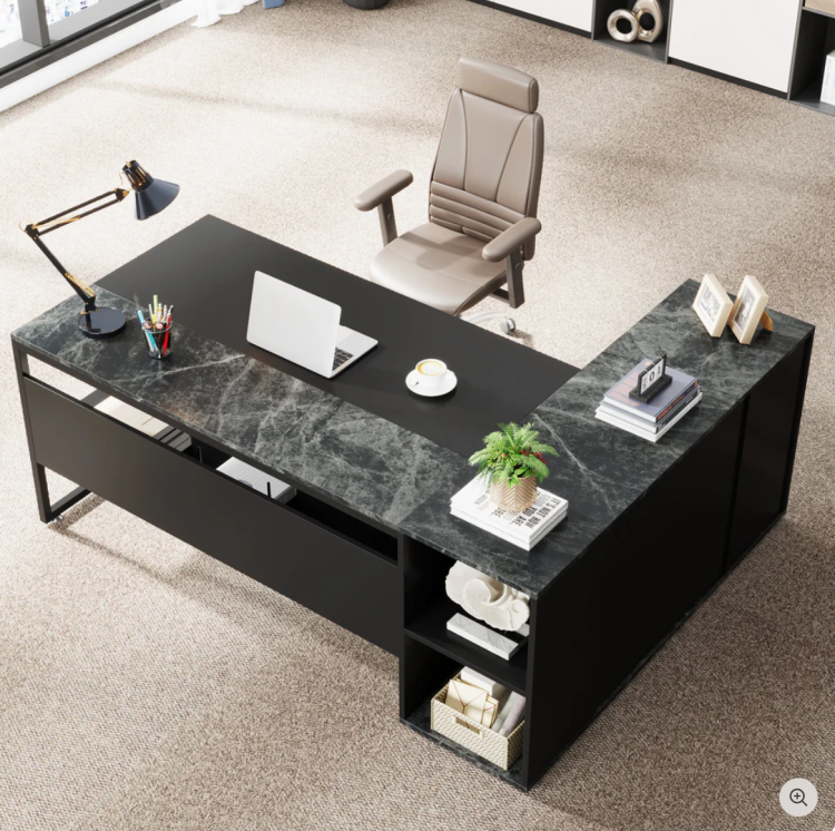 71" L Shaped Executive Desk With Storage Cabinet & Shelves, Large Industrial Home Office Computer Desk, Business Workstation With Printer Cabinet & Cpu Stand, Black