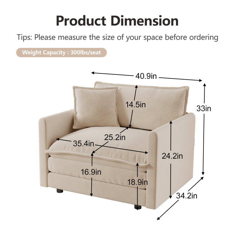 Comfy Deep Single Seat Sofa Upholstered Reading Armchair Living Room Chair Light Coffee Chenille Fabric , 1 Toss Pillow