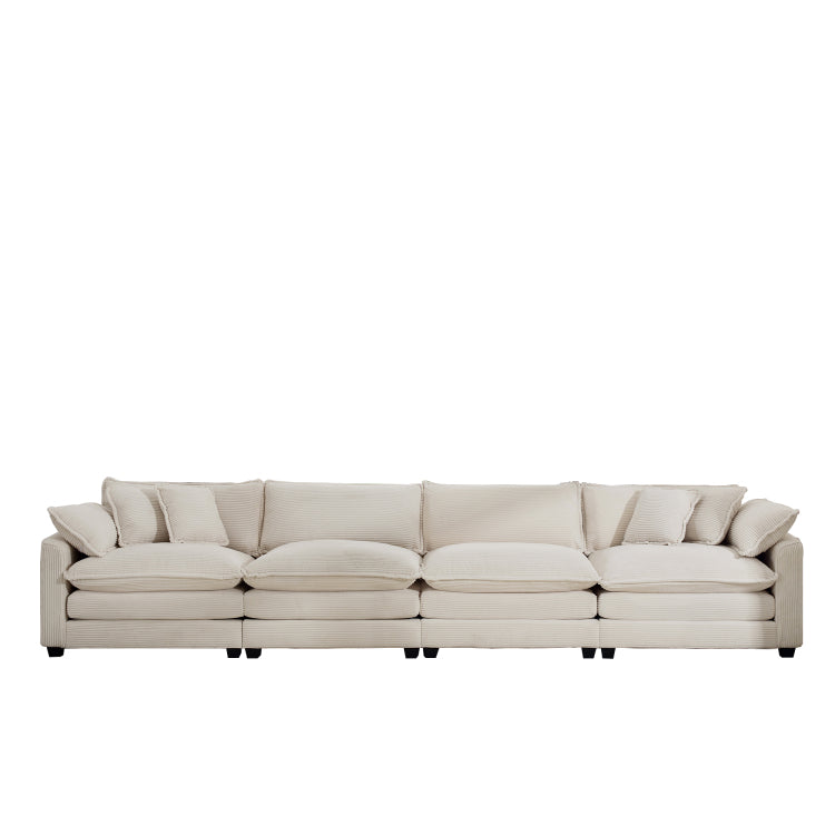 Modern Upholstered 4 Seater Fabric Sofa With Comfortable Back Cushions, Seat Cushions And Pillows, Light Beige Corduroy Sofa
