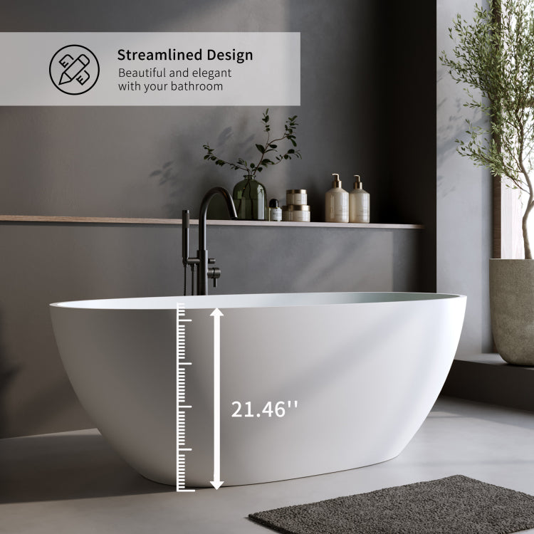 59'' Solid Surface Matte Tub, Solid Surface Soaking Tub, Stone Resin Freestanding Bathtub, Thick Edge Stand Alone Tubs With Overflow, Pop Up Drain, Matte White Oval