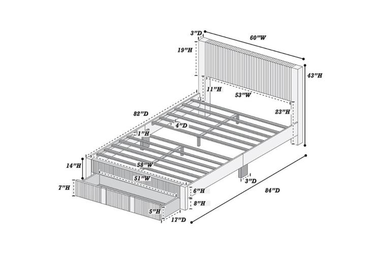 Contemporary 1Pc Queen Size Bed W Storage Drawer Charcoal Corduroy Texture Design Platform Bedframe