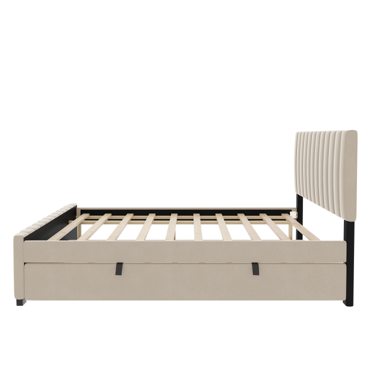 Full Size Velvet Upholstered Platform Bed With Twin Size Trundle, Beige