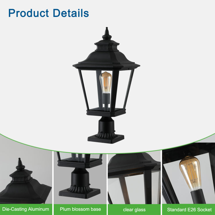 21" H 1 Pack Outdoor Post Lantern Light Vintage Black Metal & Clear Glass Pillar Lamp For Garden, Gate, Driveway, And Pathway Lighting With Elegant Design Bulb Not Included