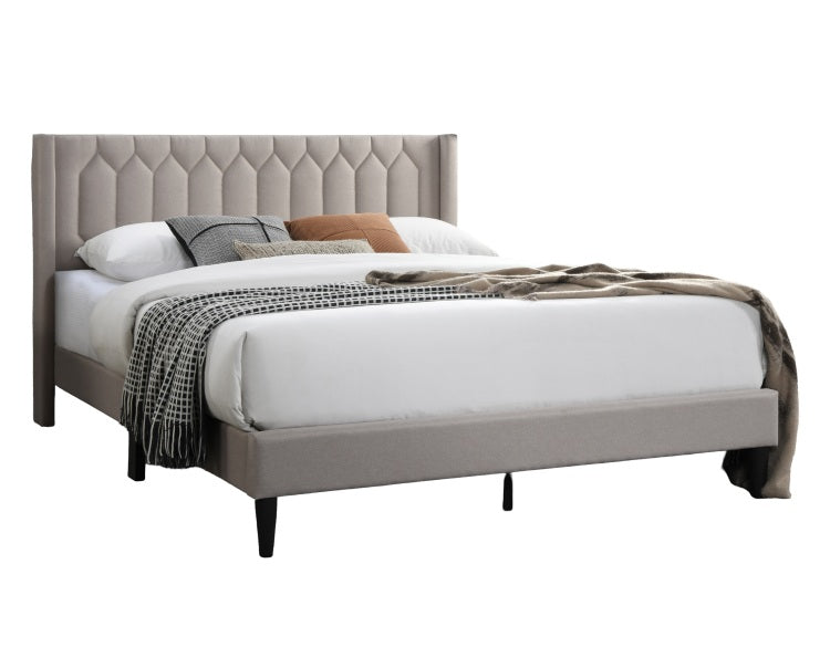 Modern Eye Catching 1Pc Queen Size Bed Light Brown Burlap Fabric Unique Diamond Design Headboard Bedframe