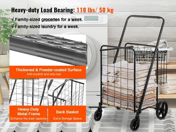 Folding Shopping Cart, Jumbo Grocery Cart With Double Baskets, 360 Swivel Wheels, Heavy Duty Utility Cart, 110 Lbs Large Capacity Utility Cart For Laundry, Shopping, Grocery, Luggage