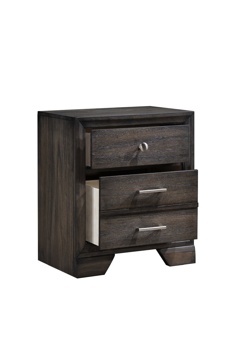 1Pc Contemporary Dark Wood Grain Finish Metal Knobs Two Drawers Nightstand Wooden Gray