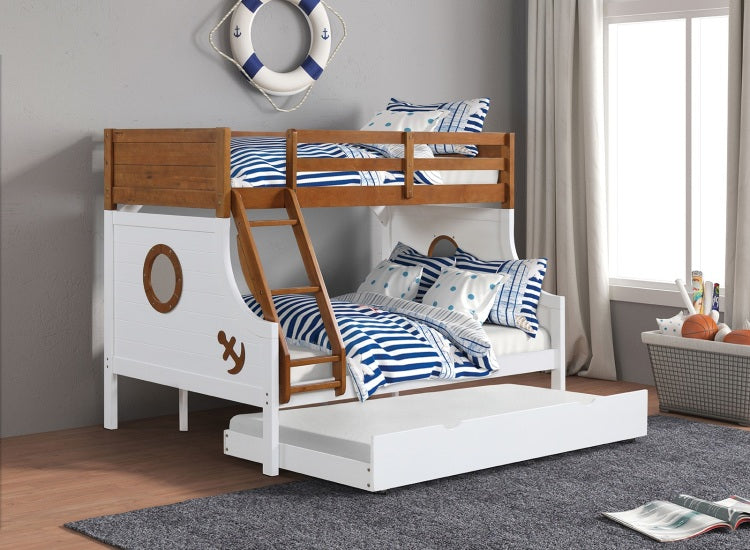 Modern Novelty Style Twin Over Full Bunk Bed With Attached Angled Ladder Rails And Lock Joint Structure For Safety Oak Finish Upper Bed White Finish Lower Bed