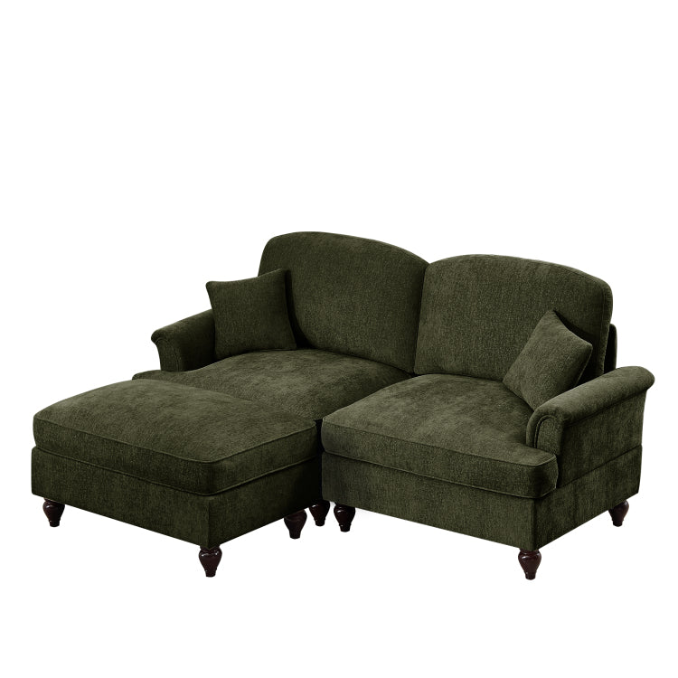 Elegant Mid Century Large Two Seater Modular L Shaped Sofa Couch With Flared Arms And Removable Ruffles Pleats Skirts And Spindle Legs, Comfy Chenille Loveseat Sofa With Movable Ottoman,Green