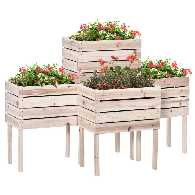 Outsunny 4Pcs Raised Garden Bed, Wooden Elevated Planter Box Kit With Bed Liner, Diy Shape, For Flowers Vegetables
