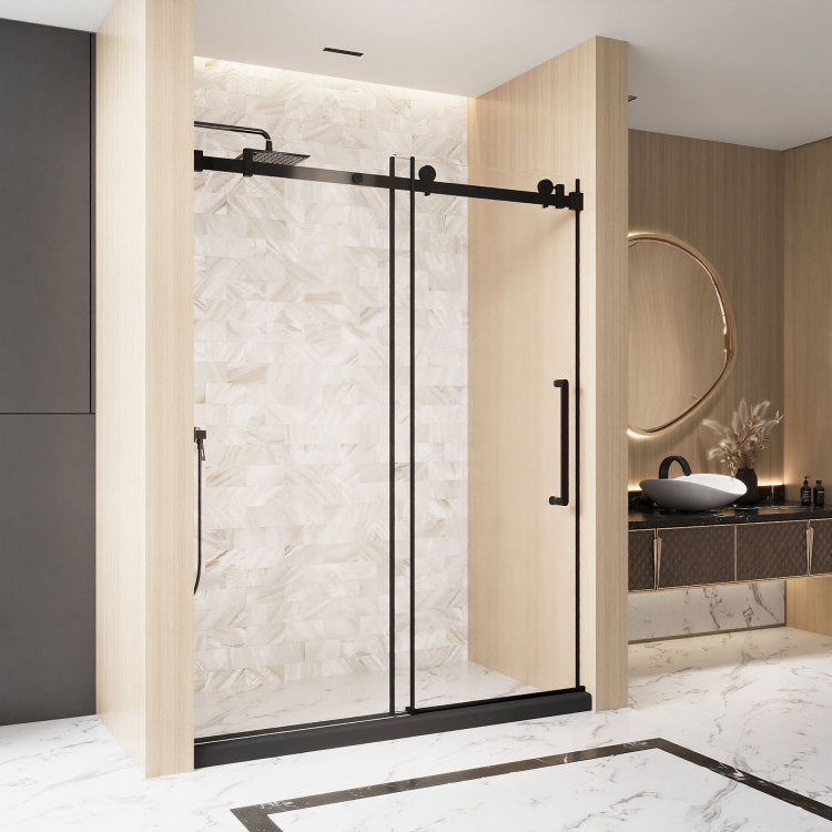 Frameless Single Sliding Shower Door 56 60 "W X 76" H, 1 4 " 6 Mm Clear Tempered Glass, Explosion Proof Film, Stainless Steel Handle Square Tube Track ,Matte Black