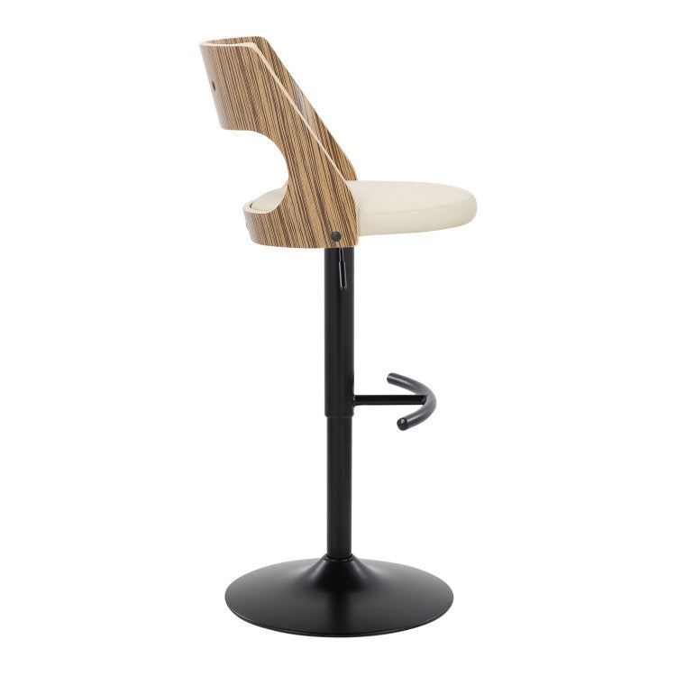 Contemporary Adjustable Barstool With Swivel In Black Metal, Zebra Wood And Cream Faux Leather With Rounded T Footrest Set Of 2