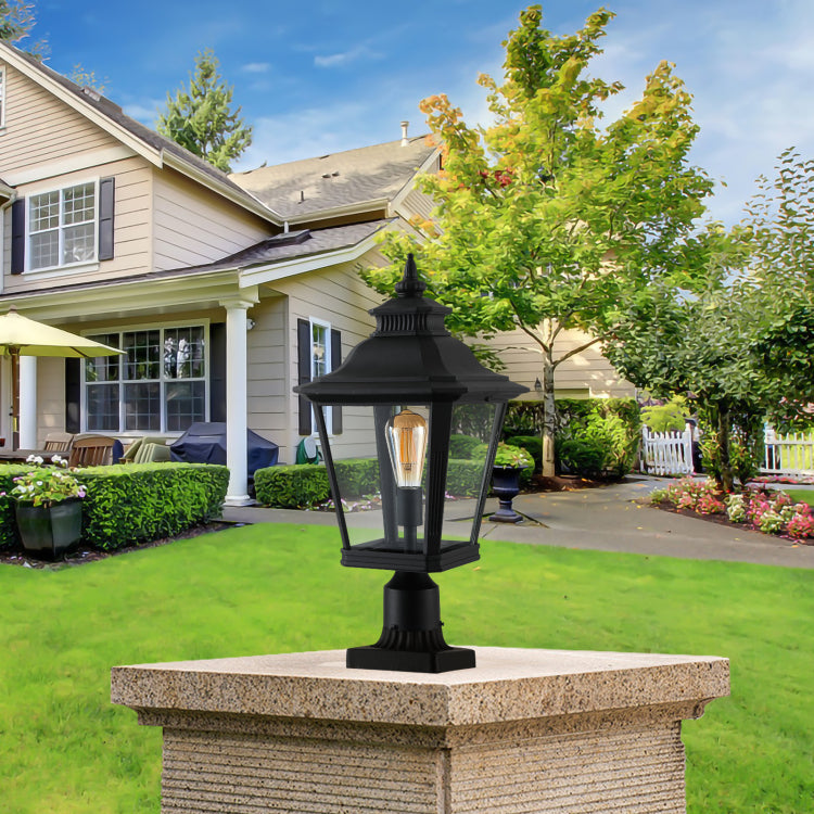 21" H 1 Pack Outdoor Post Lantern Light Vintage Black Metal & Clear Glass Pillar Lamp For Garden, Gate, Driveway, And Pathway Lighting With Elegant Design Bulb Not Included