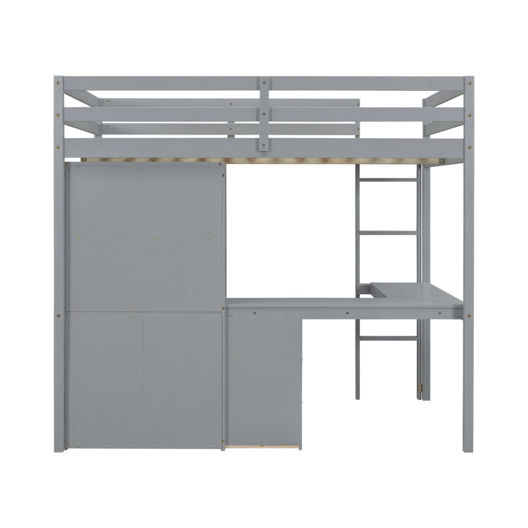 Full Size Loft Wood Bed With Desk, Storage Shelves And Drawers, Built In Ladder, High Loft Bed With Desk, Storage Shelves And Drawers,Guardrails,Grey